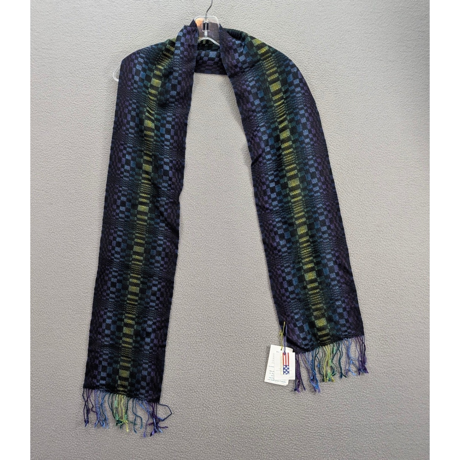 Carol S Hammer Handwoven Plaid Scarf Fringe Multicolor Made In Usa 8x35 Nwt